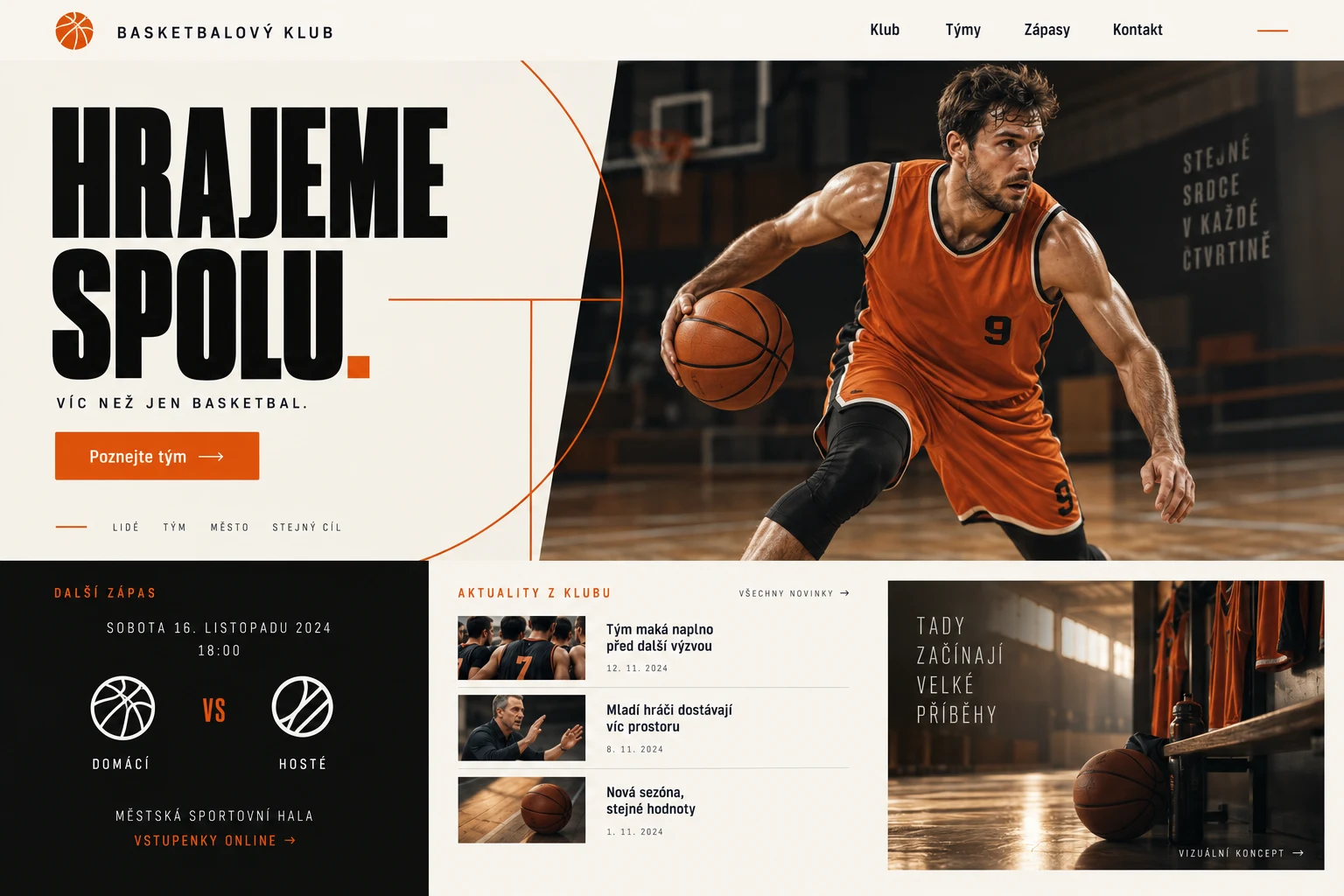 Generovaný vizuální koncept basketbalového webu v oranžové a krémové, s basketbalistou na palubovce a klubovými novinkami.