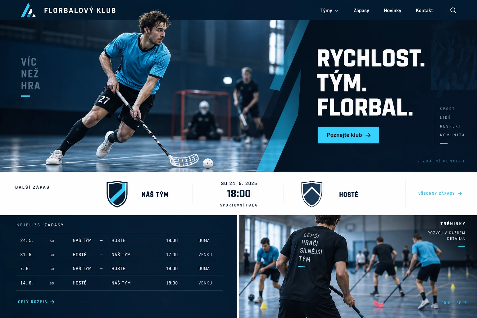 Generovaný vizuální koncept florbalového webu v tmavě modré a tyrkysové, s hráčem v hale a přehledem zápasů.