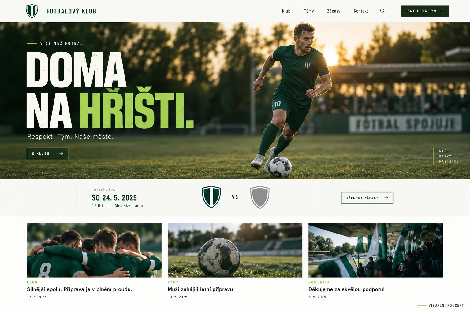 Generovaný vizuální koncept fotbalového webu v zelené a krémové, s hráčem na hřišti, přehledem zápasu a novinkami.