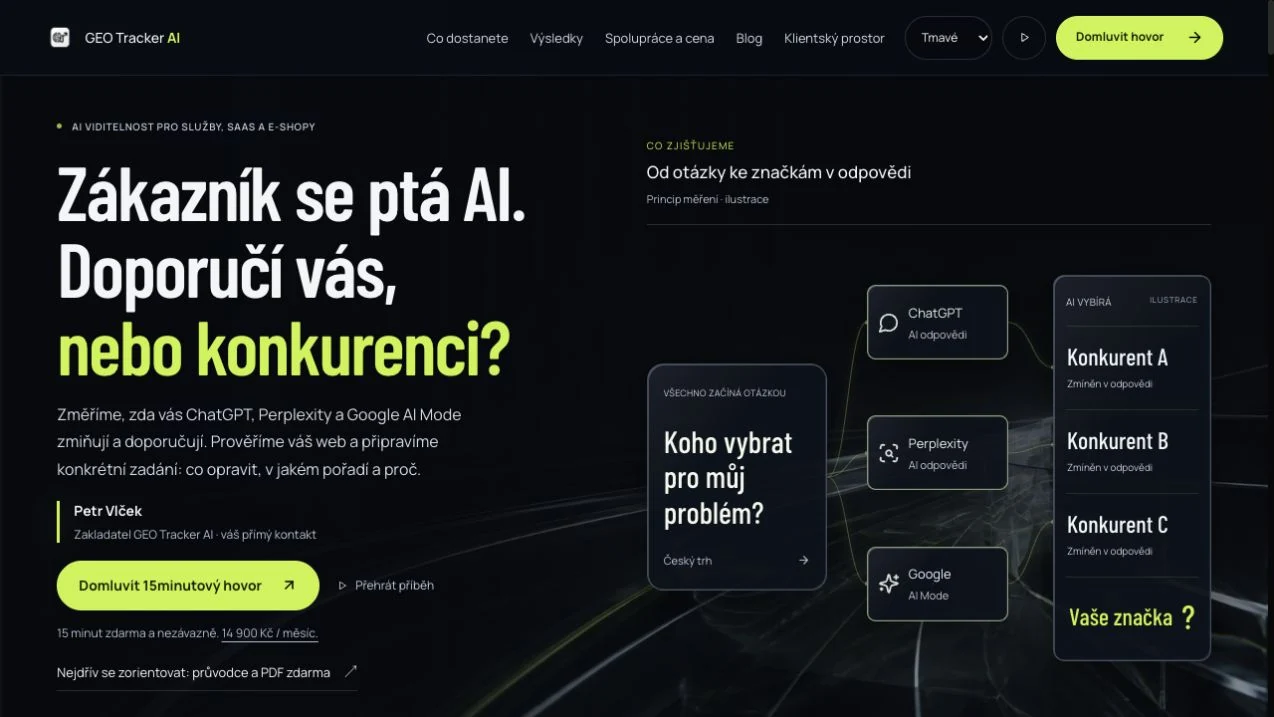 Veřejný web GEO Tracker AI s úvodem Zákazník se ptá AI. Doporučí vás, nebo konkurenci?